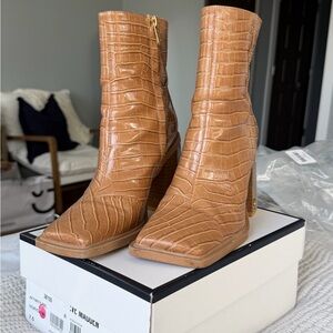 Croc-Embossed Tan Square-Toe Ankle Boots
